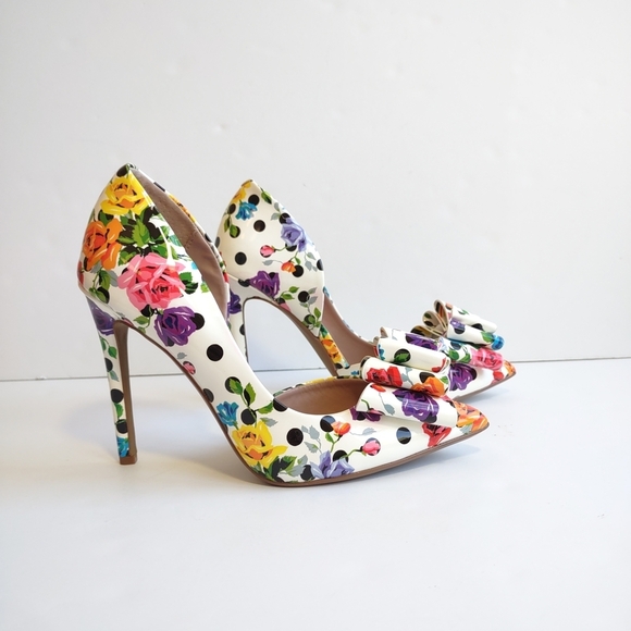 🌸 BETSEY JOHNSON Floral & Polka Dot Pointed Toe Bow Heels Size 7.5 - Picture 6 of 11